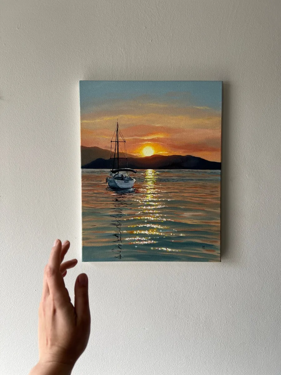 Original Oil Painting Sea Sunset sailboat artwork - Image 4