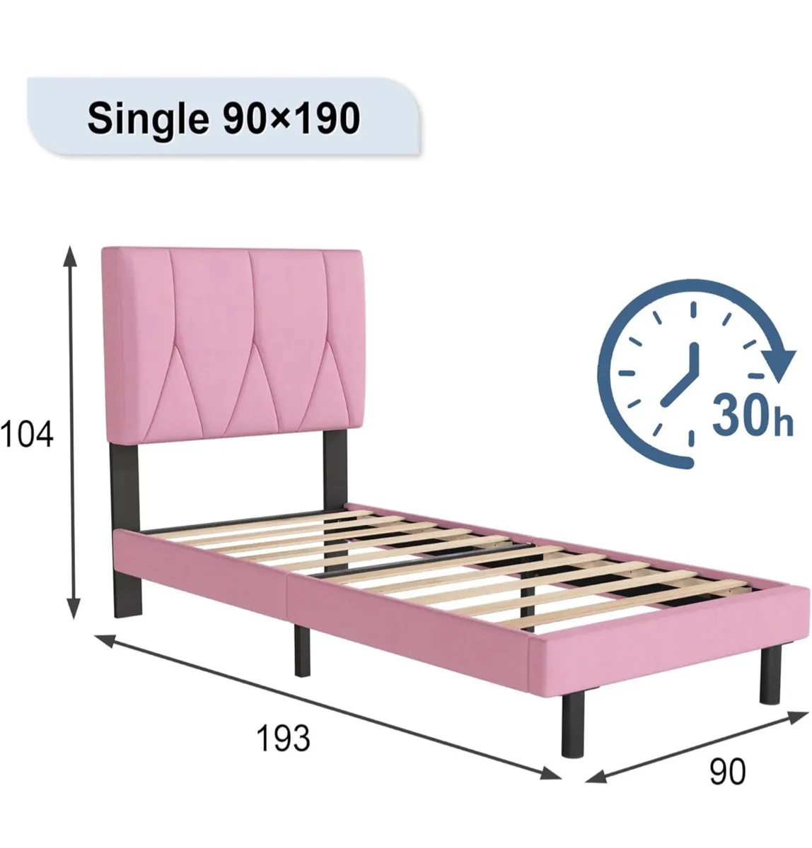 Single Bed Frame, Pink, Upholstered Wooden Slat Be - Image 2