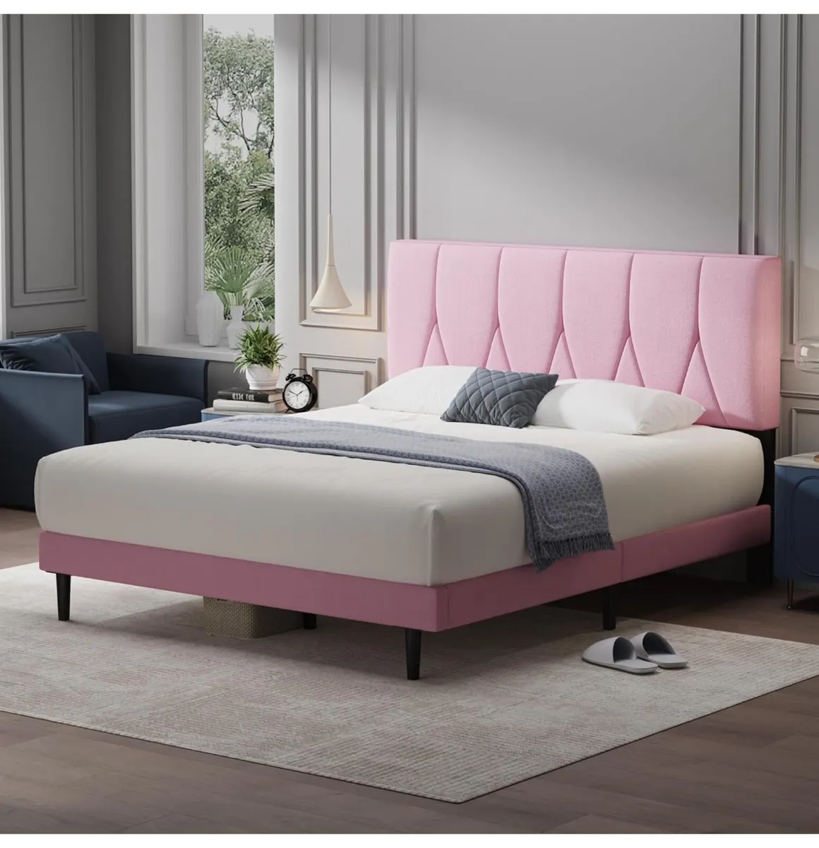 Single Bed Frame, Pink, Upholstered Wooden Slat Be - Image 4