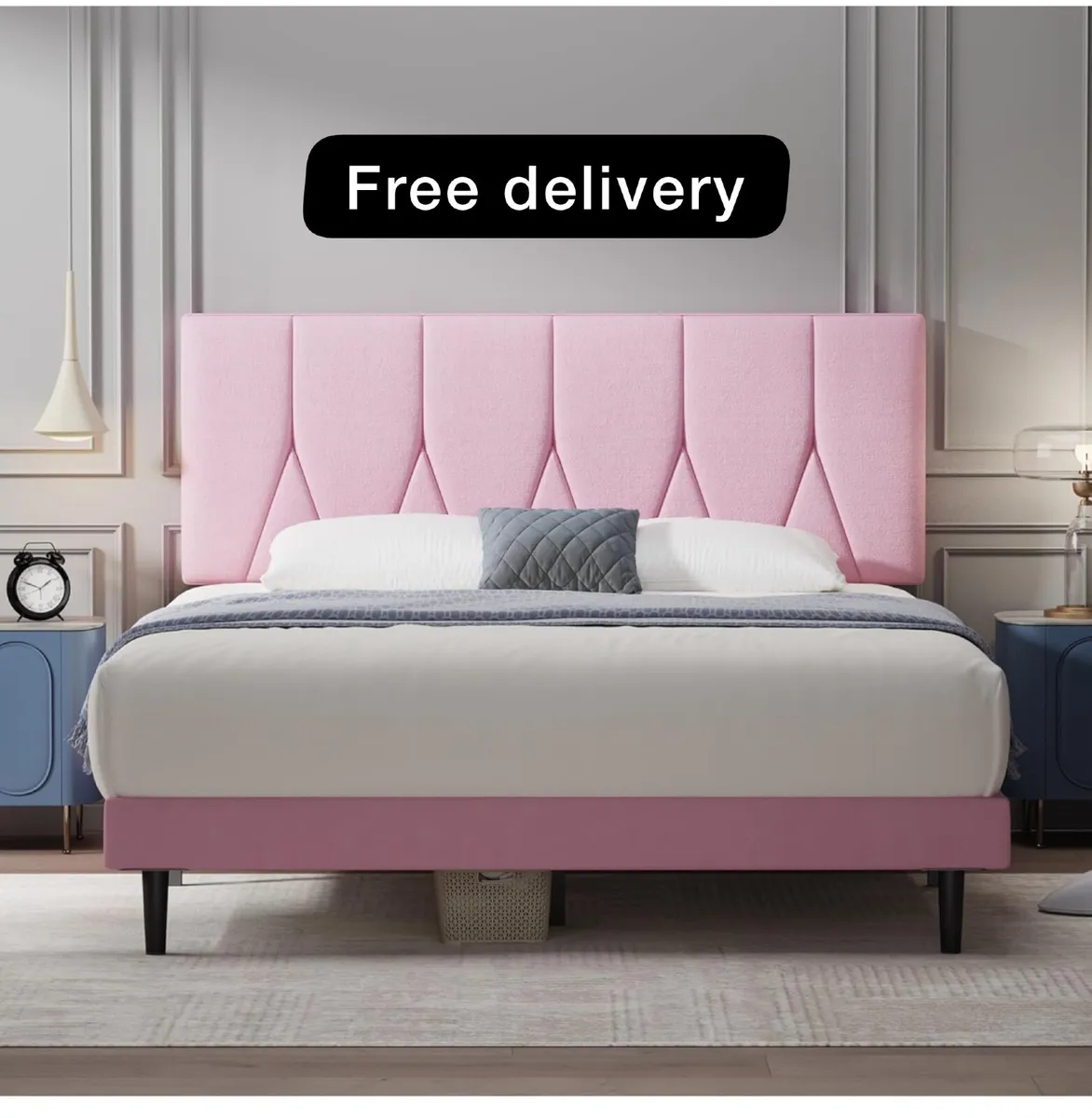 Single Bed Frame, Pink, Upholstered Wooden Slat Be - Image 1