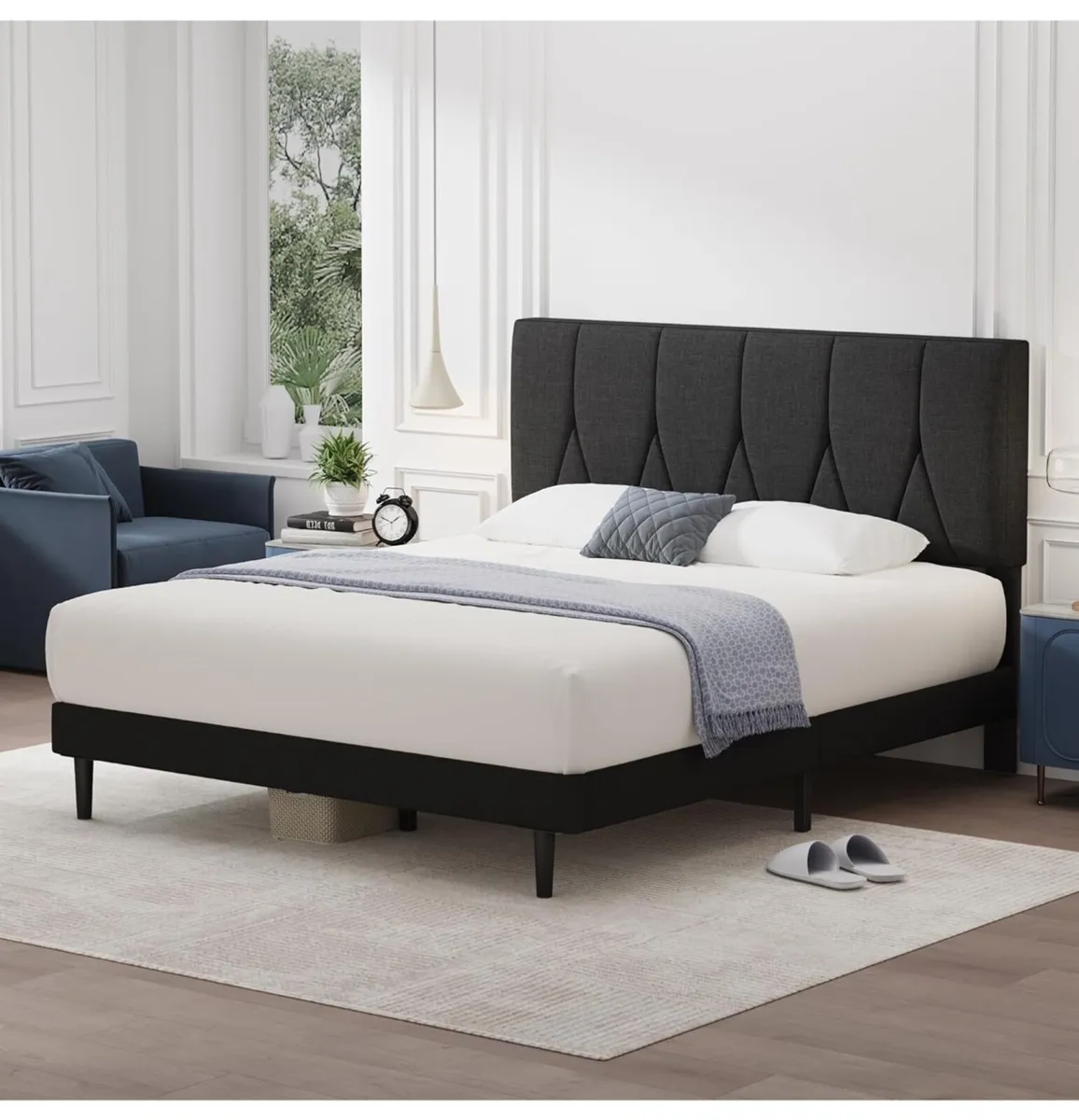 Single Bed Frame, Black, Upholstered Wooden Slat B - Image 3