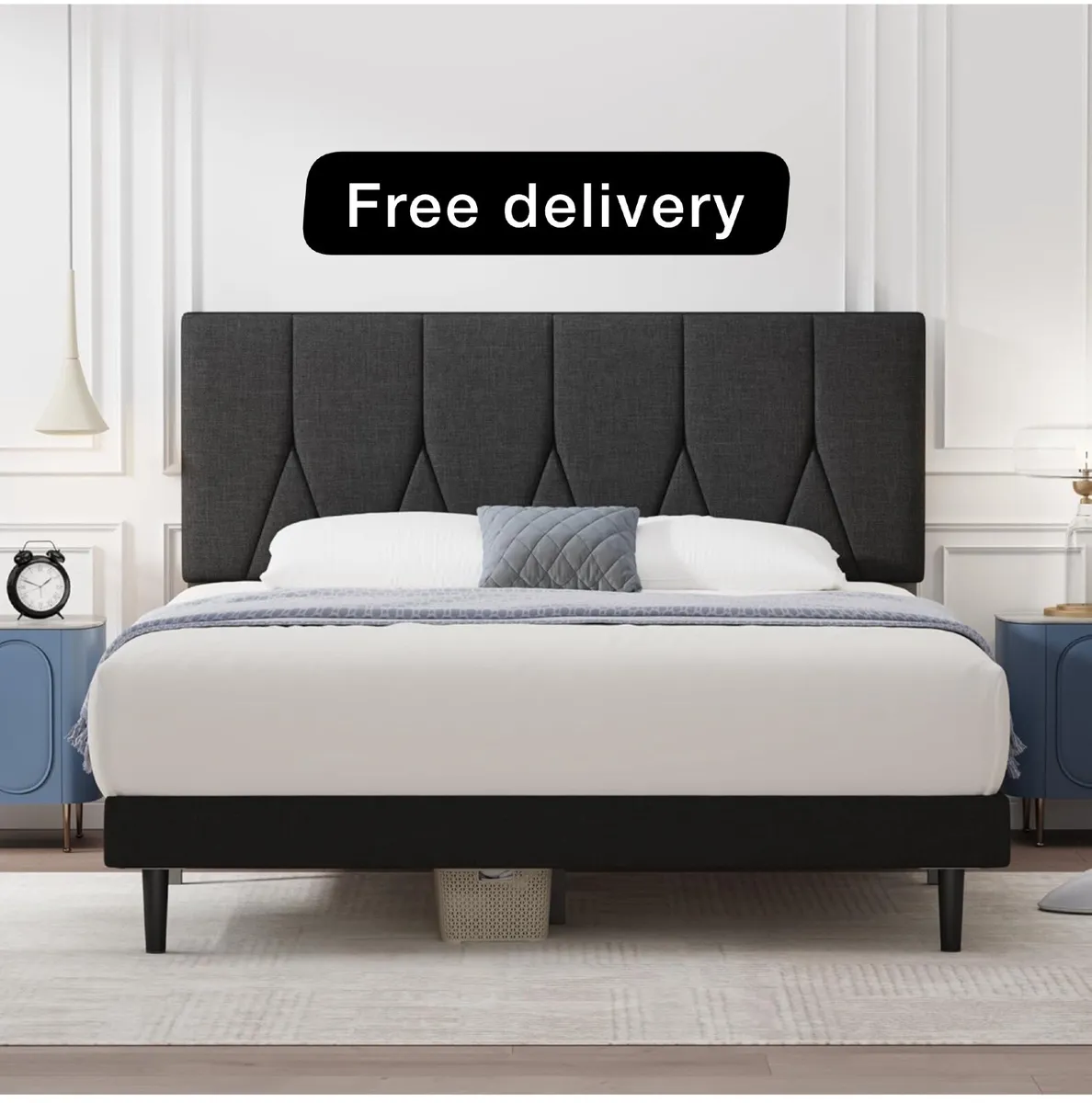 Single Bed Frame, Black, Upholstered Wooden Slat B - Image 1