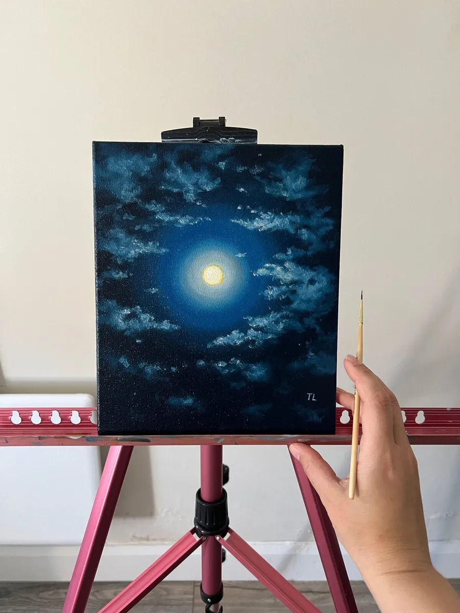 Original Oil Painting Night Full Moon art Small - Image 3