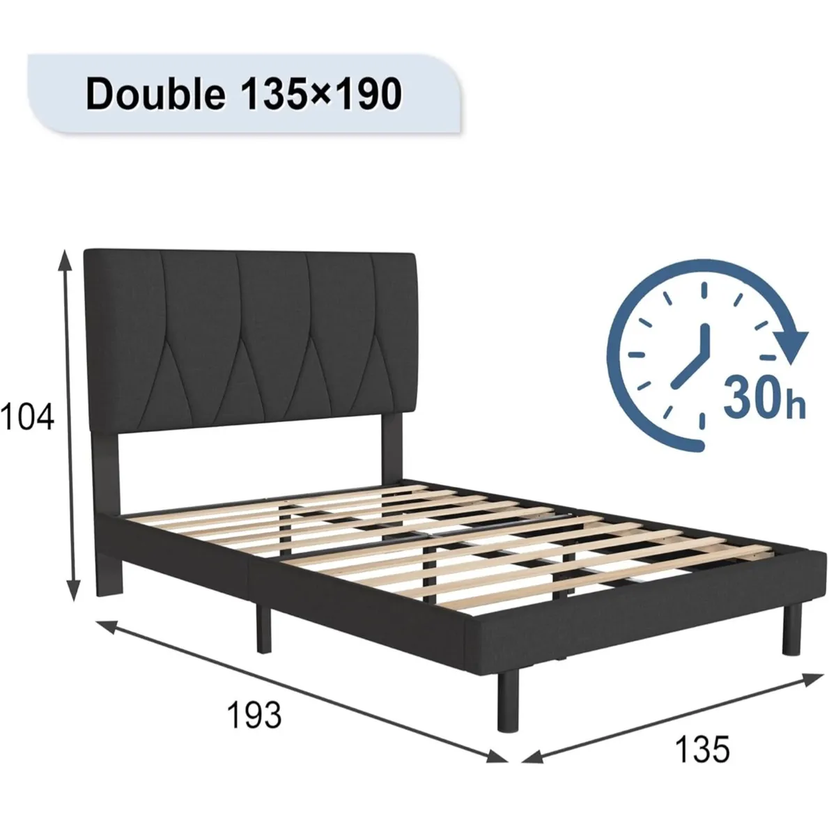 Double Bed Frame, Black, Upholstered Wooden Slat B - Image 2