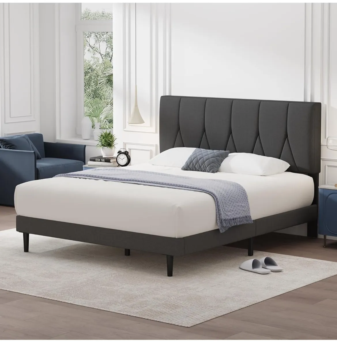 Single Bed Frame, Dark Grey, Upholstered Wooden Sl - Image 3