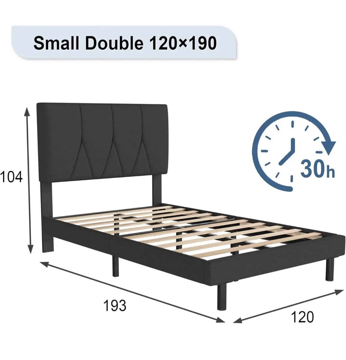 Small Double Bed Frame, Black, Upholstered Wooden - Image 2
