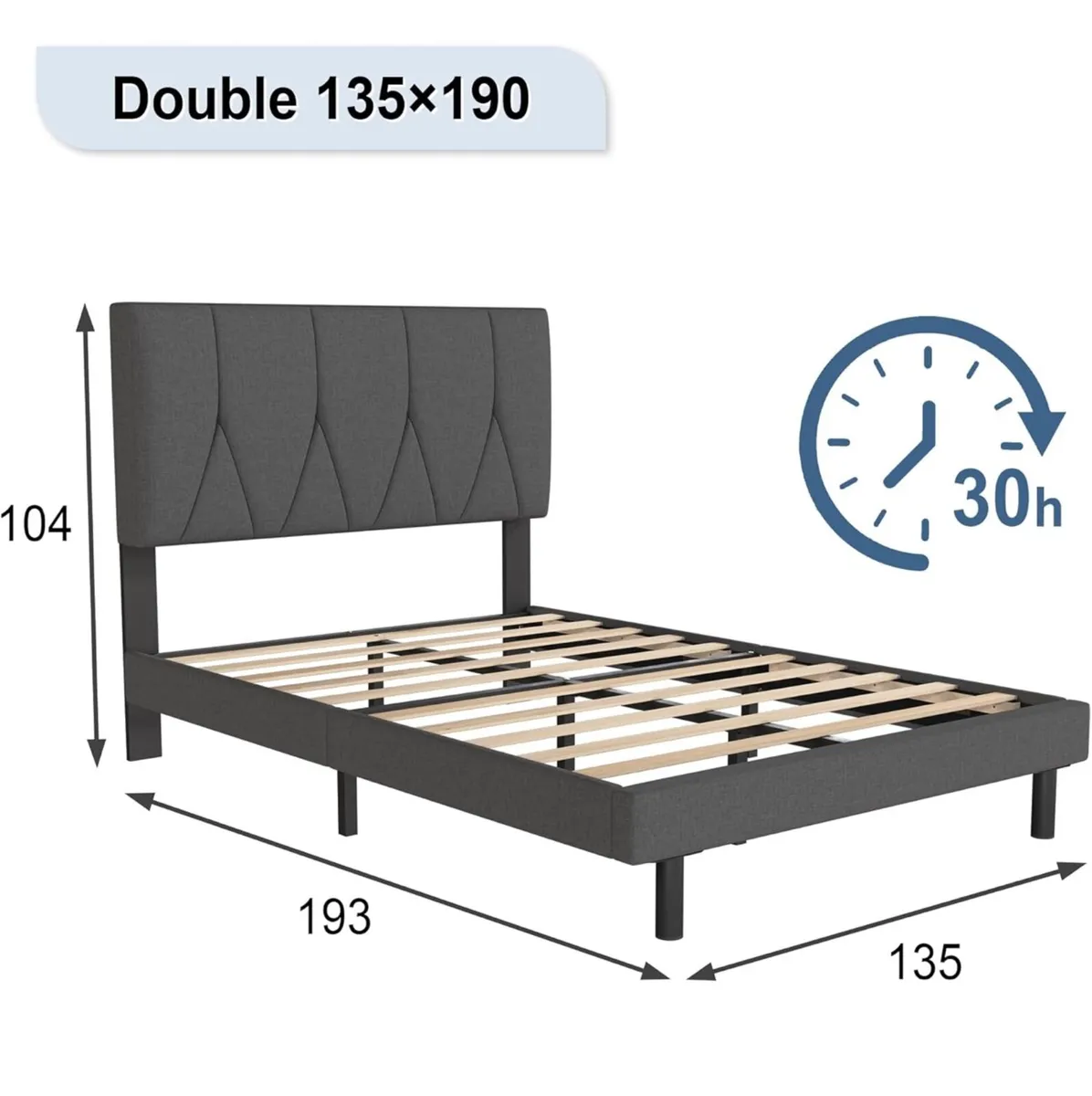Double Bed Frame, Dark Grey, Upholstered Wooden Sl - Image 2