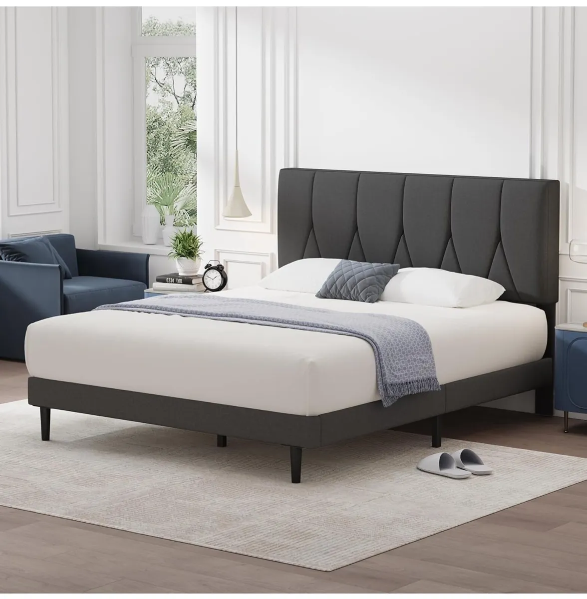 Double Bed Frame, Dark Grey, Upholstered Wooden Sl - Image 3