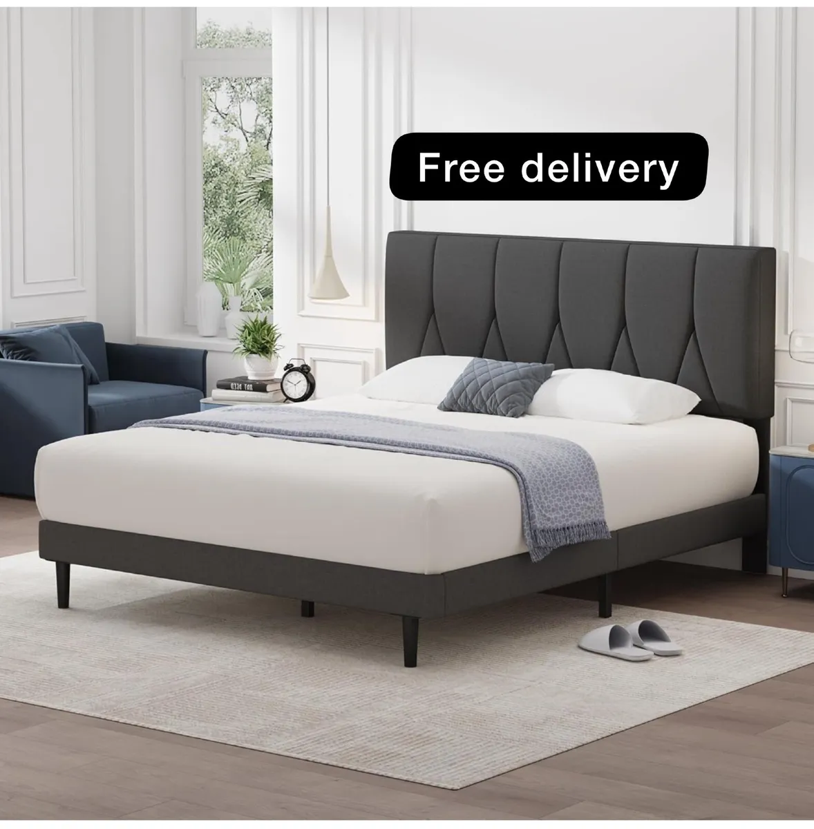 Double Bed Frame, Dark Grey, Upholstered Wooden Sl - Image 1