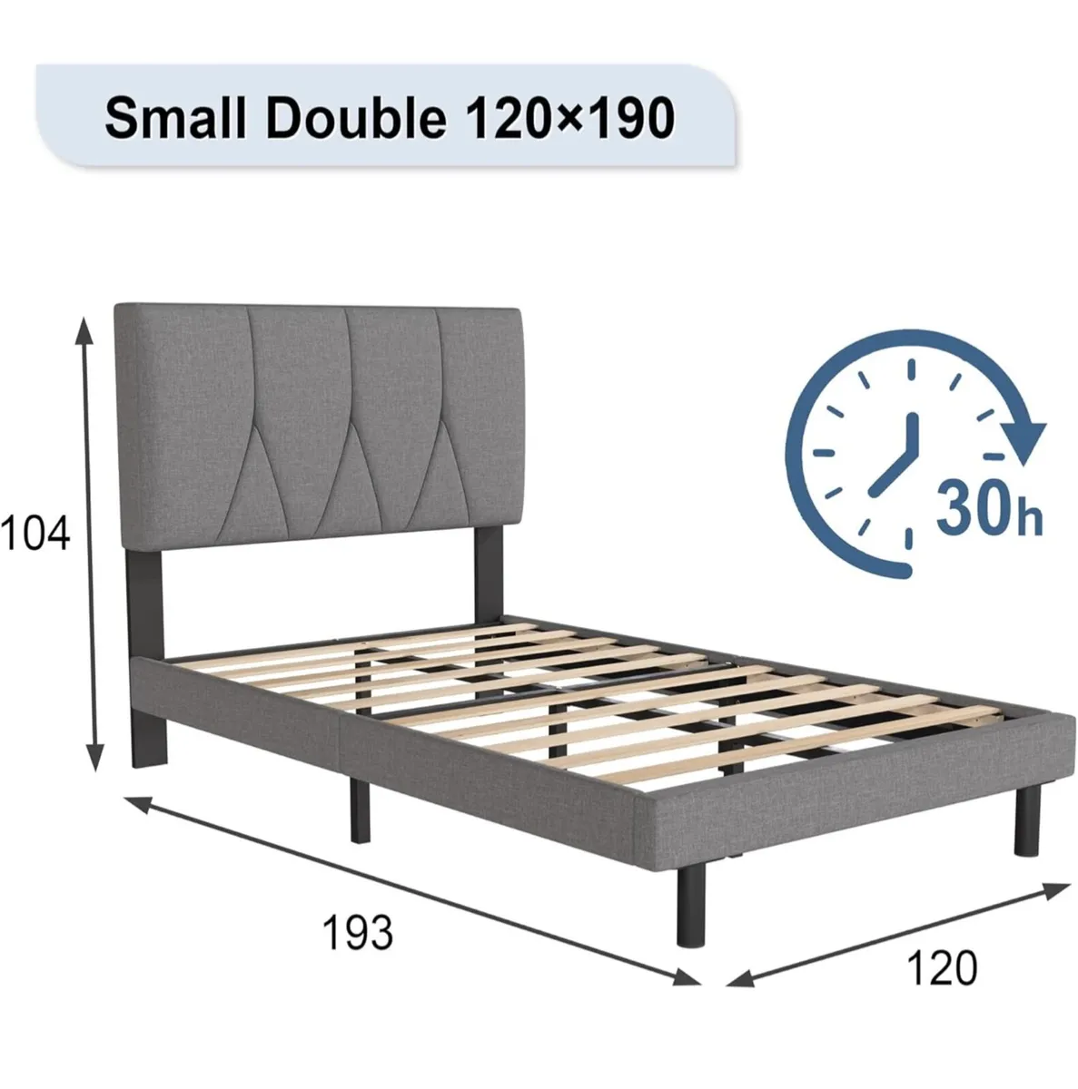 Small Double Bed Frame, Light Grey, Upholstered Wo - Image 2