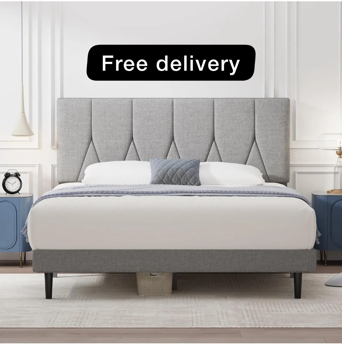 Small Double Bed Frame, Light Grey, Upholstered Wo - Image 1