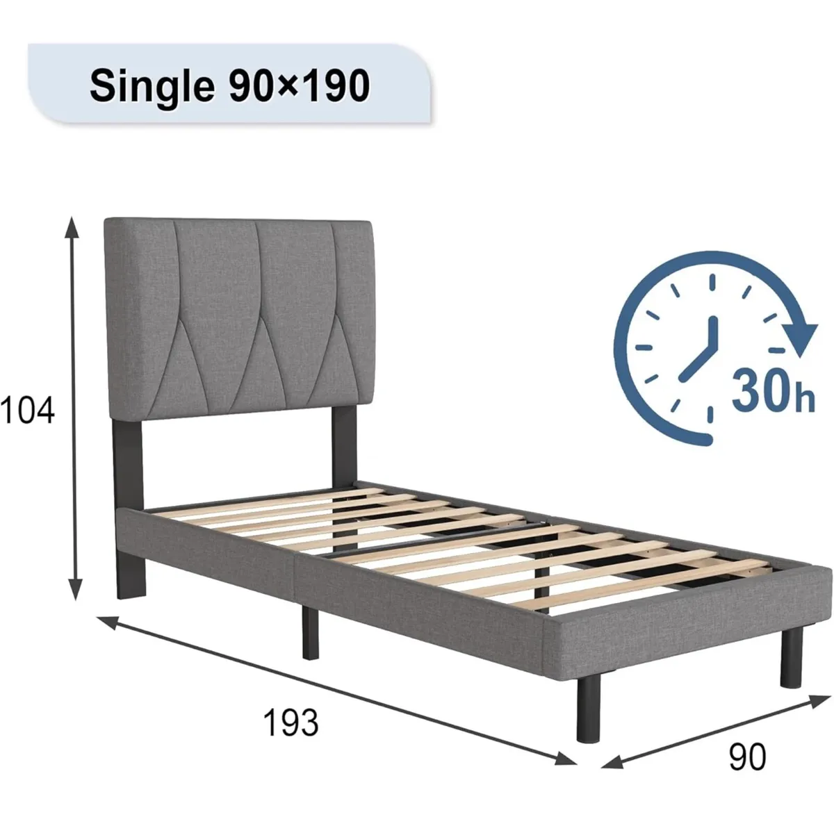 Single Bed Frame, Light Grey, Upholstered Wooden S - Image 3