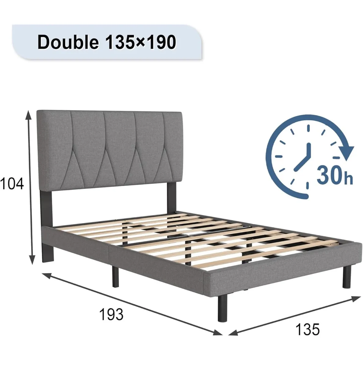 Double Bed Frame, Light Grey, Upholstered Wooden S - Image 2
