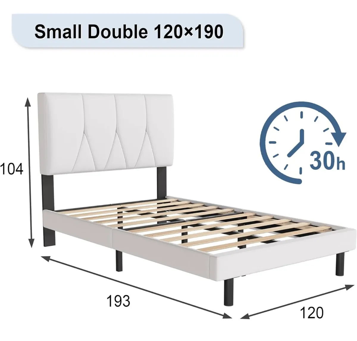 Small Double Bed Frame, White, Upholstered Wooden - Image 2