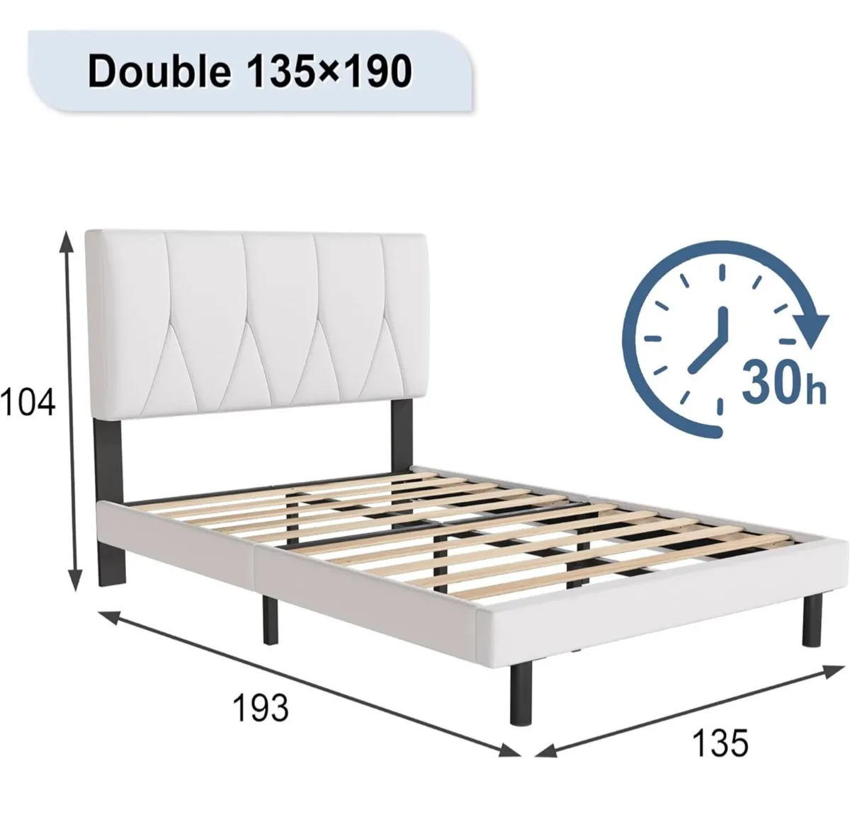 Double Bed Frame, White, Upholstered Wooden Slat B - Image 2