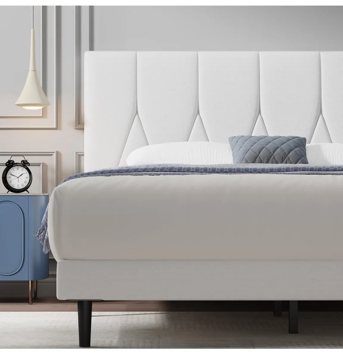 Double Bed Frame, White, Upholstered Wooden Slat B - Image 3