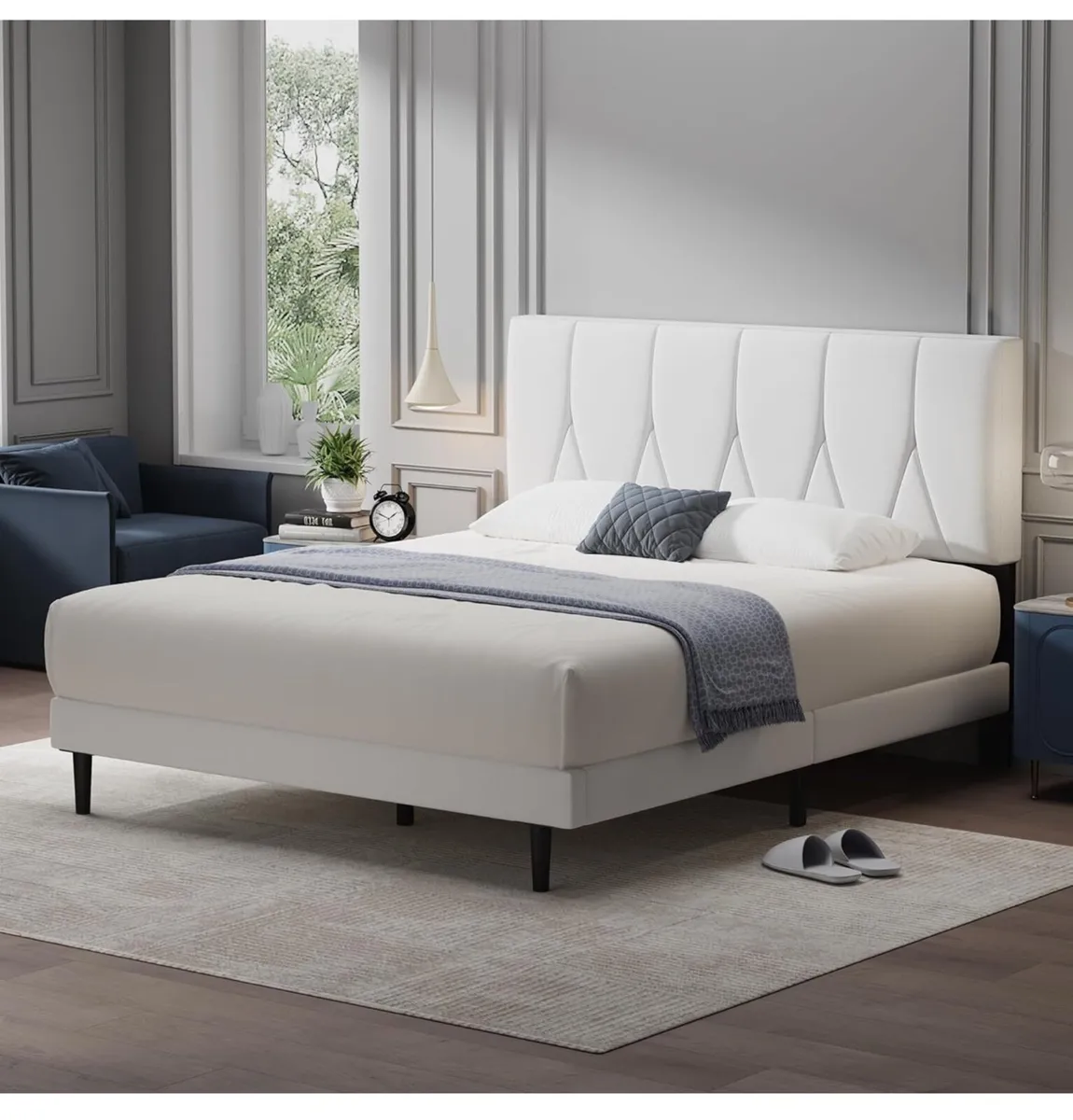 Double Bed Frame, White, Upholstered Wooden Slat B - Image 4