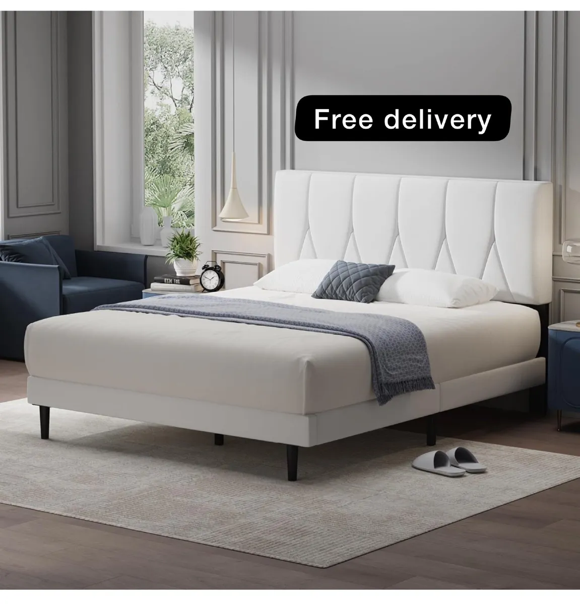 Double Bed Frame, White, Upholstered Wooden Slat B - Image 1