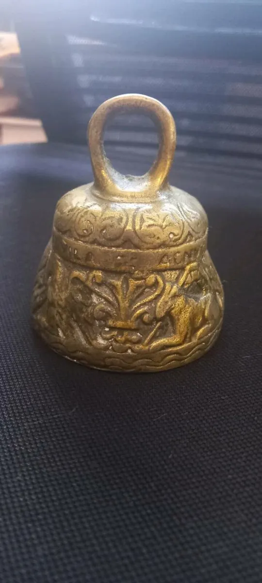 Small Antique carved Brass Bell with inscription - Image 1
