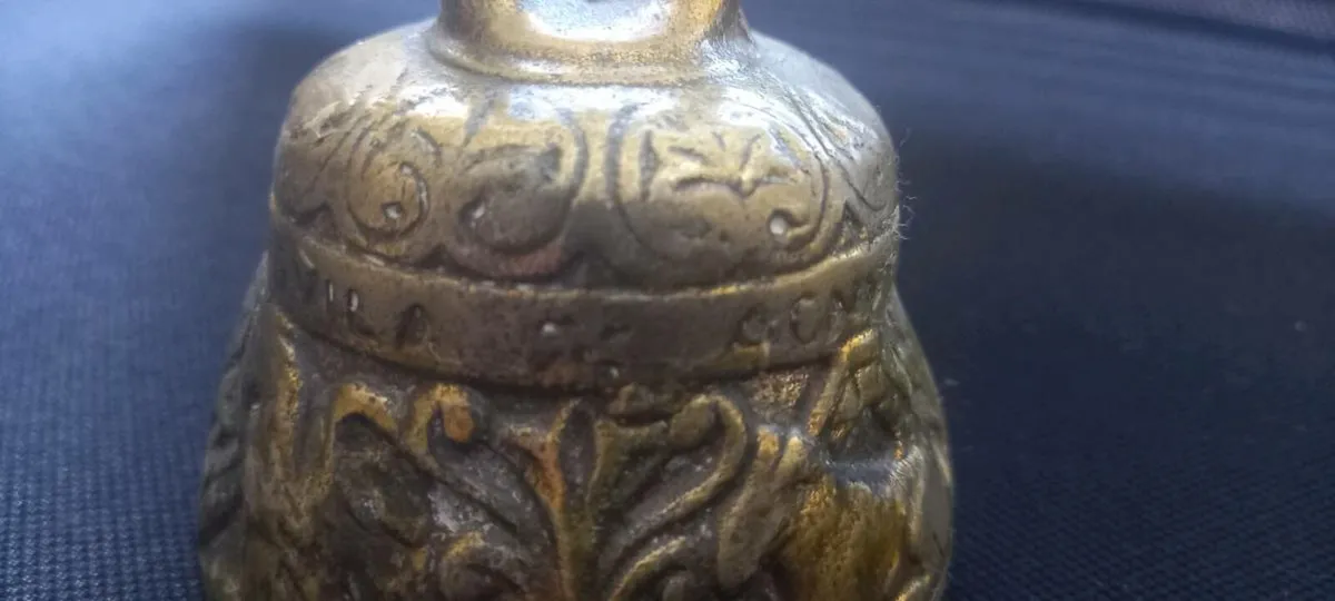 Small Antique carved Brass Bell with inscription - Image 2