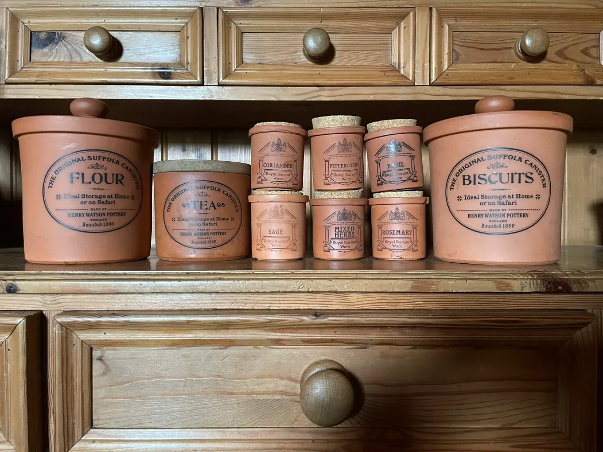 Set of 9 Terracotta Herb/Tea/Flour/Biscuits Jars - Image 1