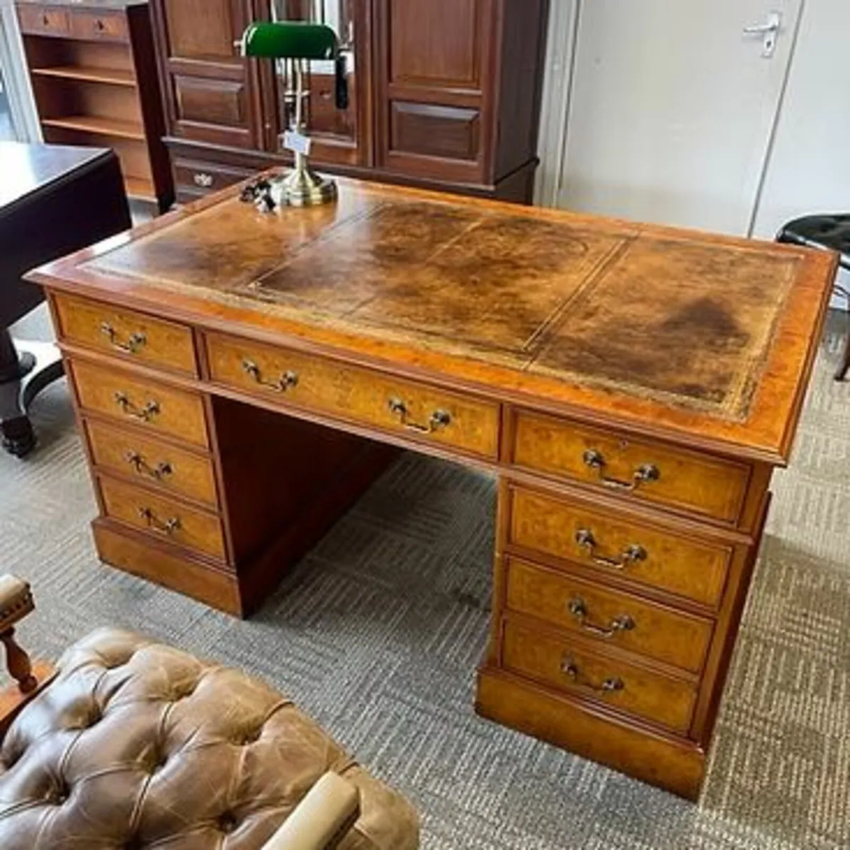 Beautiful walnut twin pedestal writing desk. Tan l