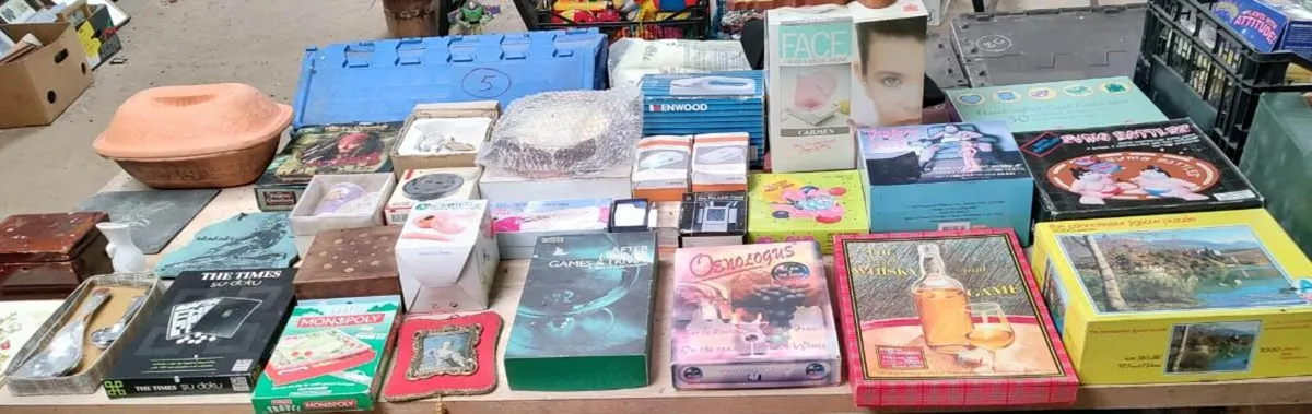 26 various items on table.