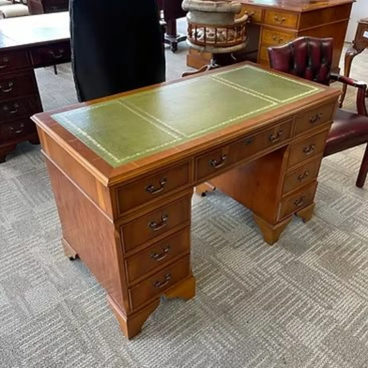 Beautiful yew twin pedestal writing desk. Green le