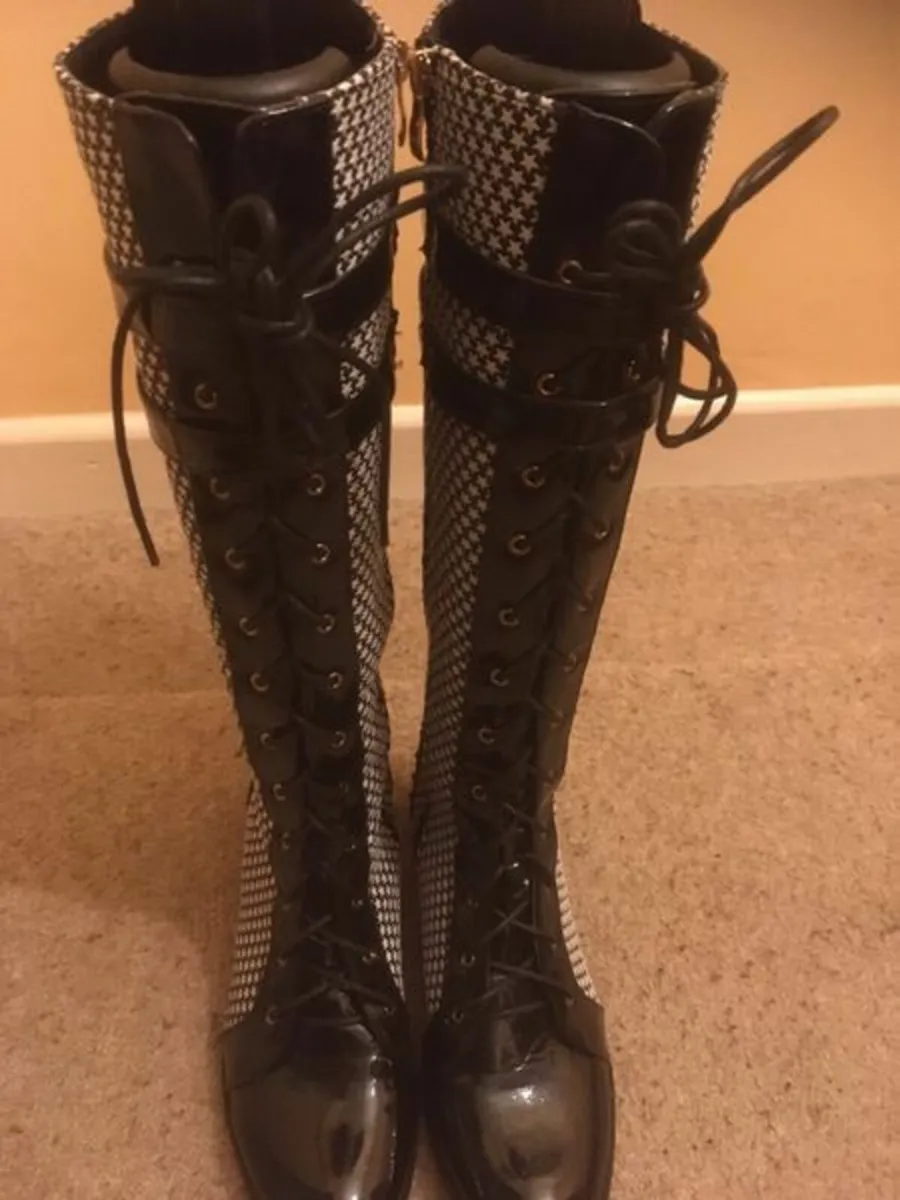 BRAND NEW Black and White Tall Knee Boots, Size 40 - Image 1