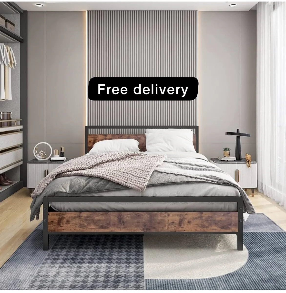 King Size Bed Frame with Wood Headboard,Heavy Duty - Image 1