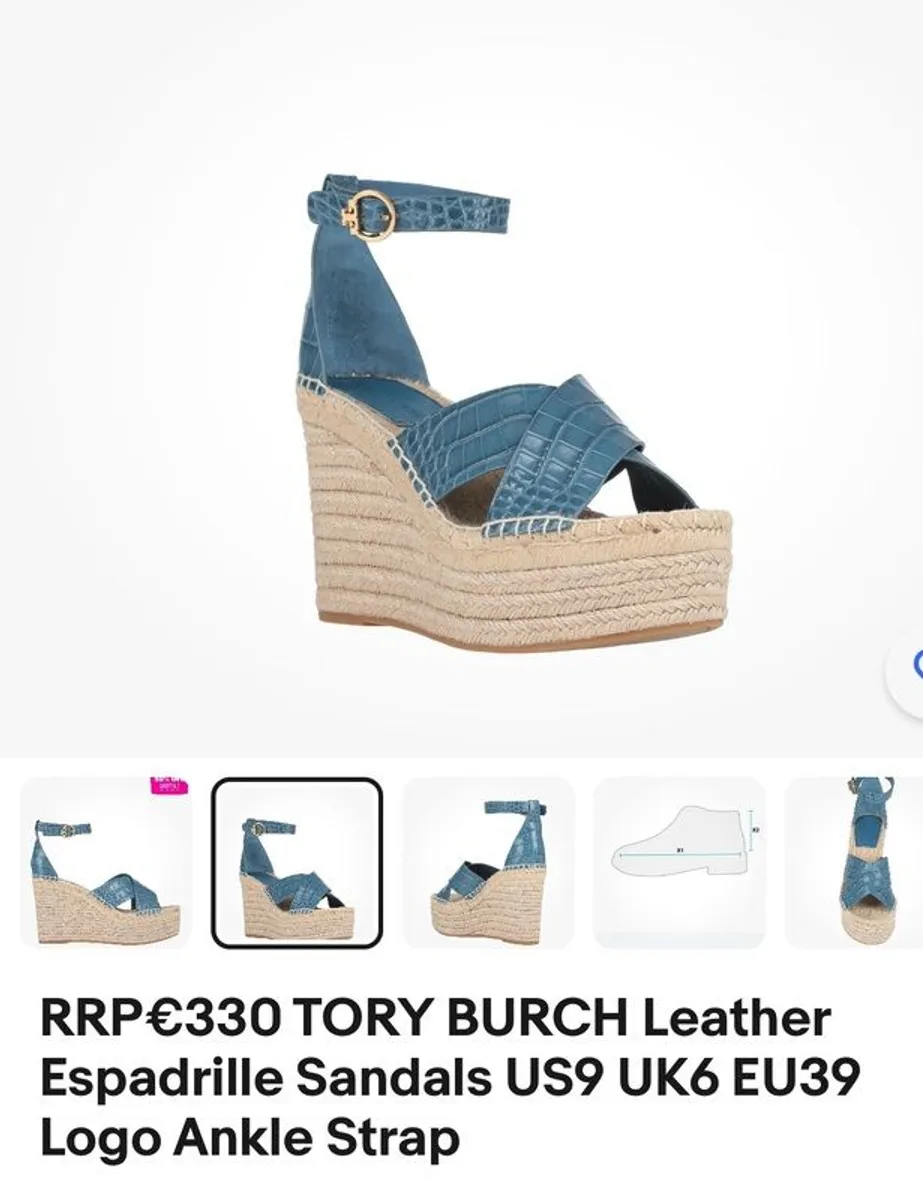 TORY BURCH Leather Espadrille Sandals US9 UK6 EU39 Logo Ankle Strap - Image 1