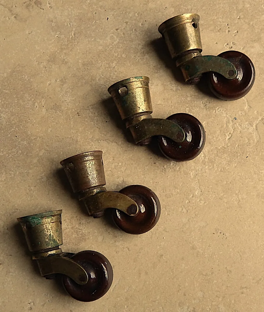 Set of 4 Antique Brass and Ceramic Round Castors - Image 3
