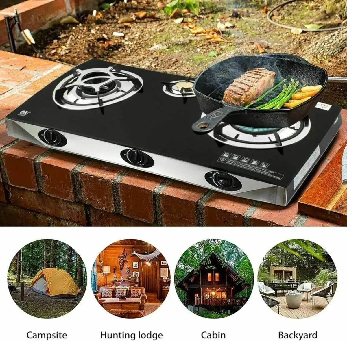 Indoor Gas Stove 2 Burners Hob Black Glass Cooker - Image 2