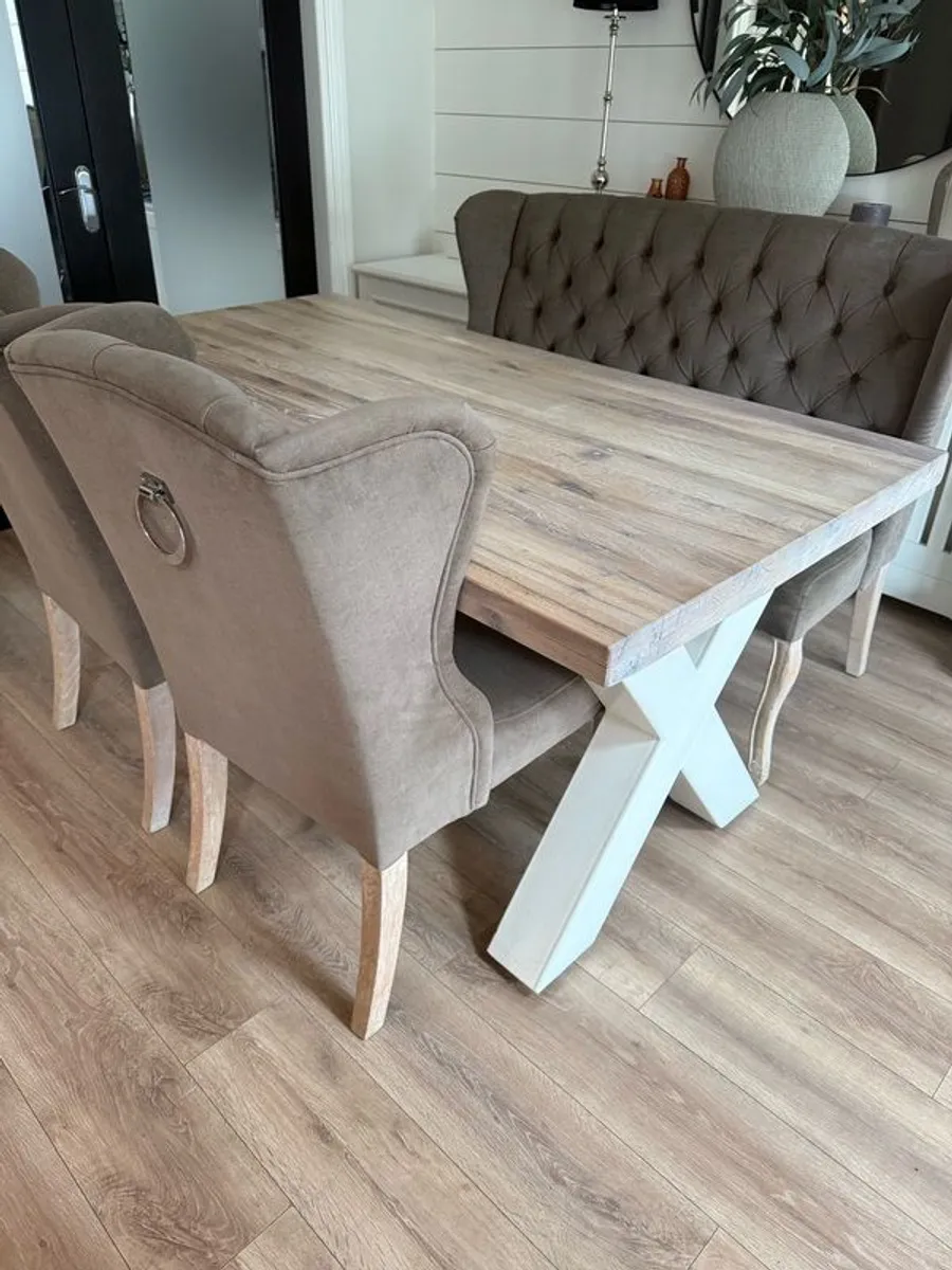 Solid x leg Dining table with fabric bench and chairs - Image 1