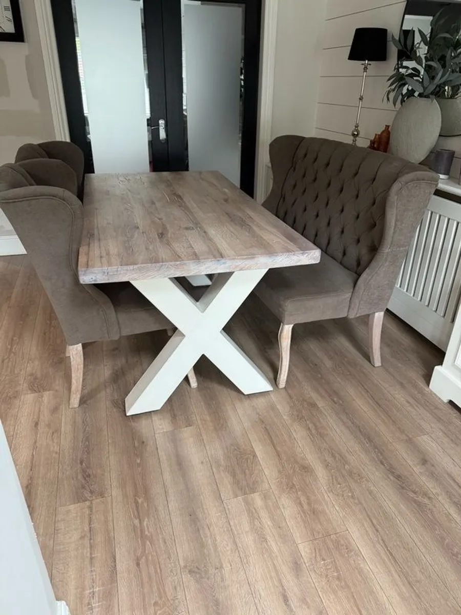 Solid x leg Dining table with fabric bench and chairs - Image 2