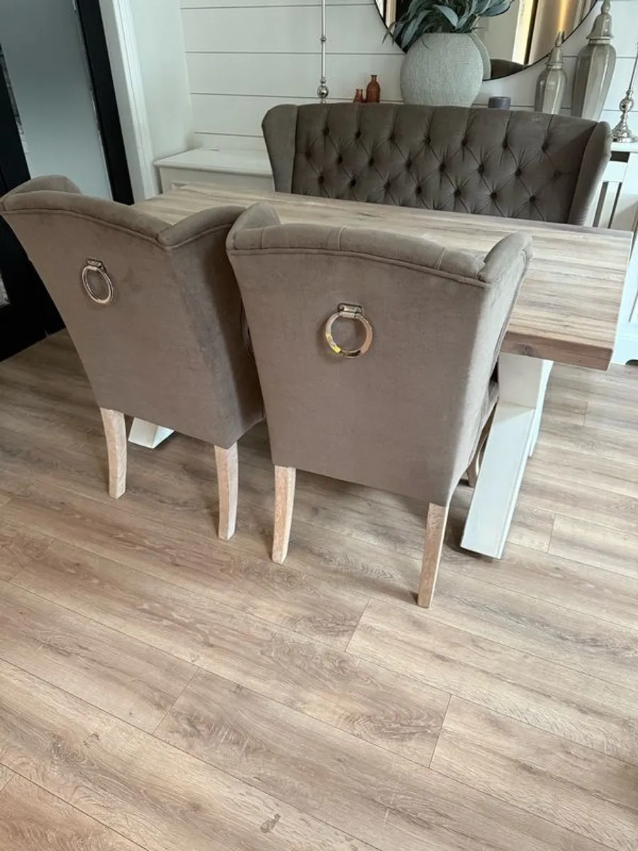 Solid x leg Dining table with fabric bench and chairs - Image 3