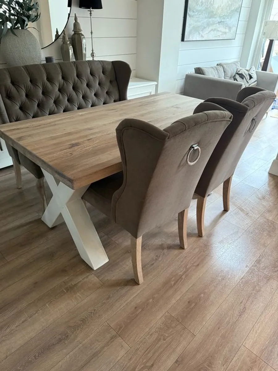 Solid x leg Dining table with fabric bench and chairs - Image 4