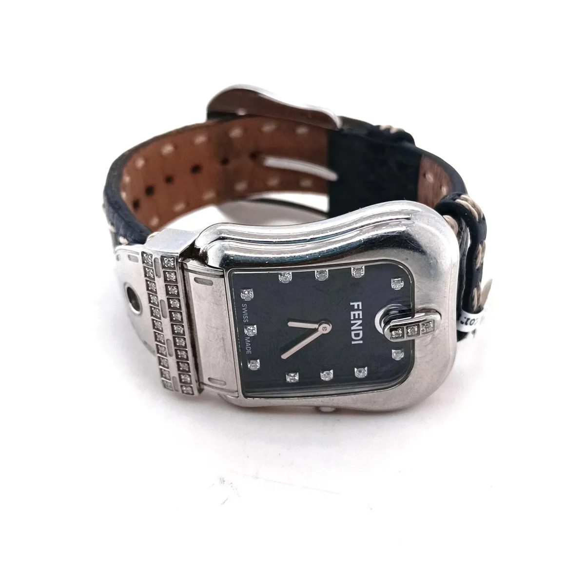 Diamond Fendi Buckle Watch , Black Leather Strap - Image 1