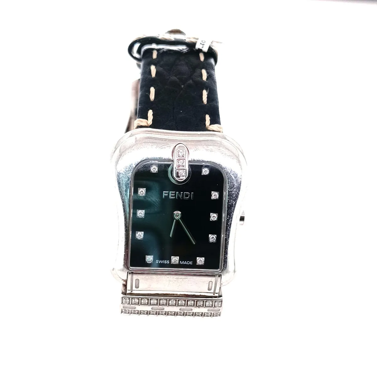Diamond Fendi Buckle Watch , Black Leather Strap - Image 3