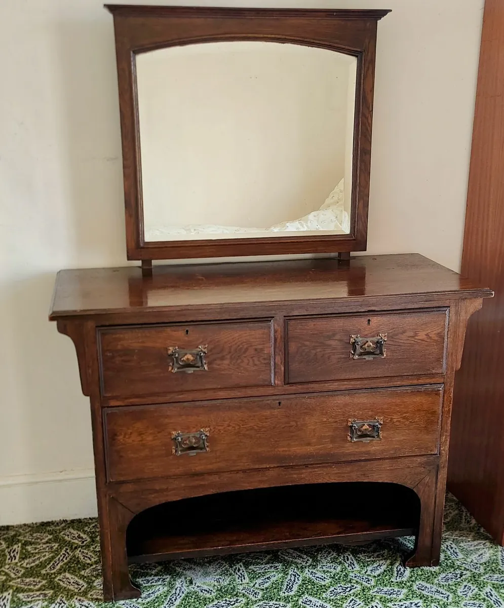 Vintage Oak Mirrored Dressing Chest Table Dresser - Image 1
