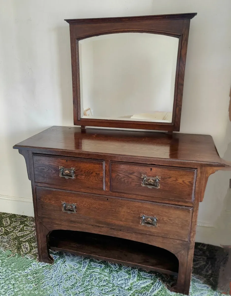 Vintage Oak Mirrored Dressing Chest Table Dresser - Image 3