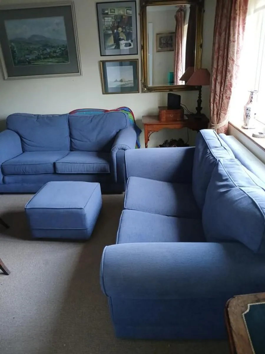 Pair of blue fabric 2 seater sofas with footstool - Image 1