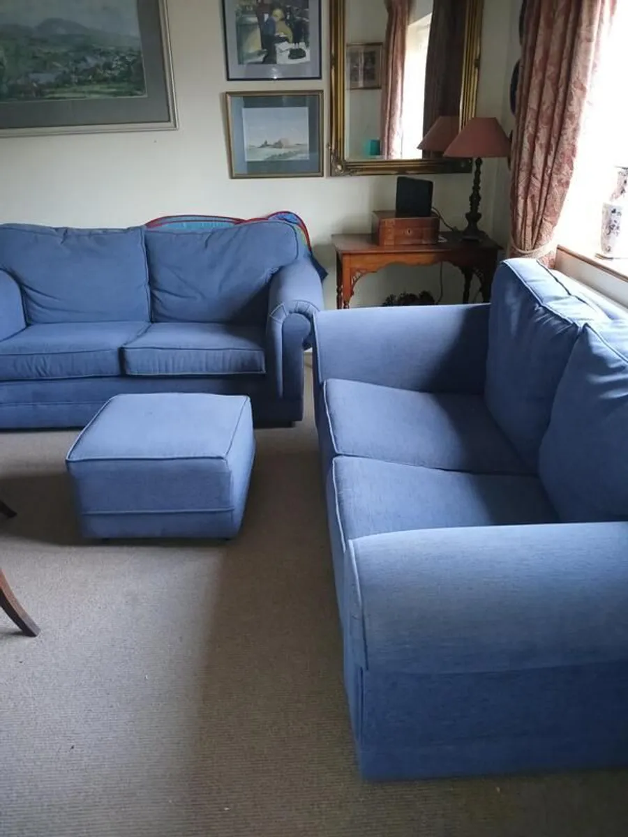 Pair of blue fabric 2 seater sofas with footstool - Image 2