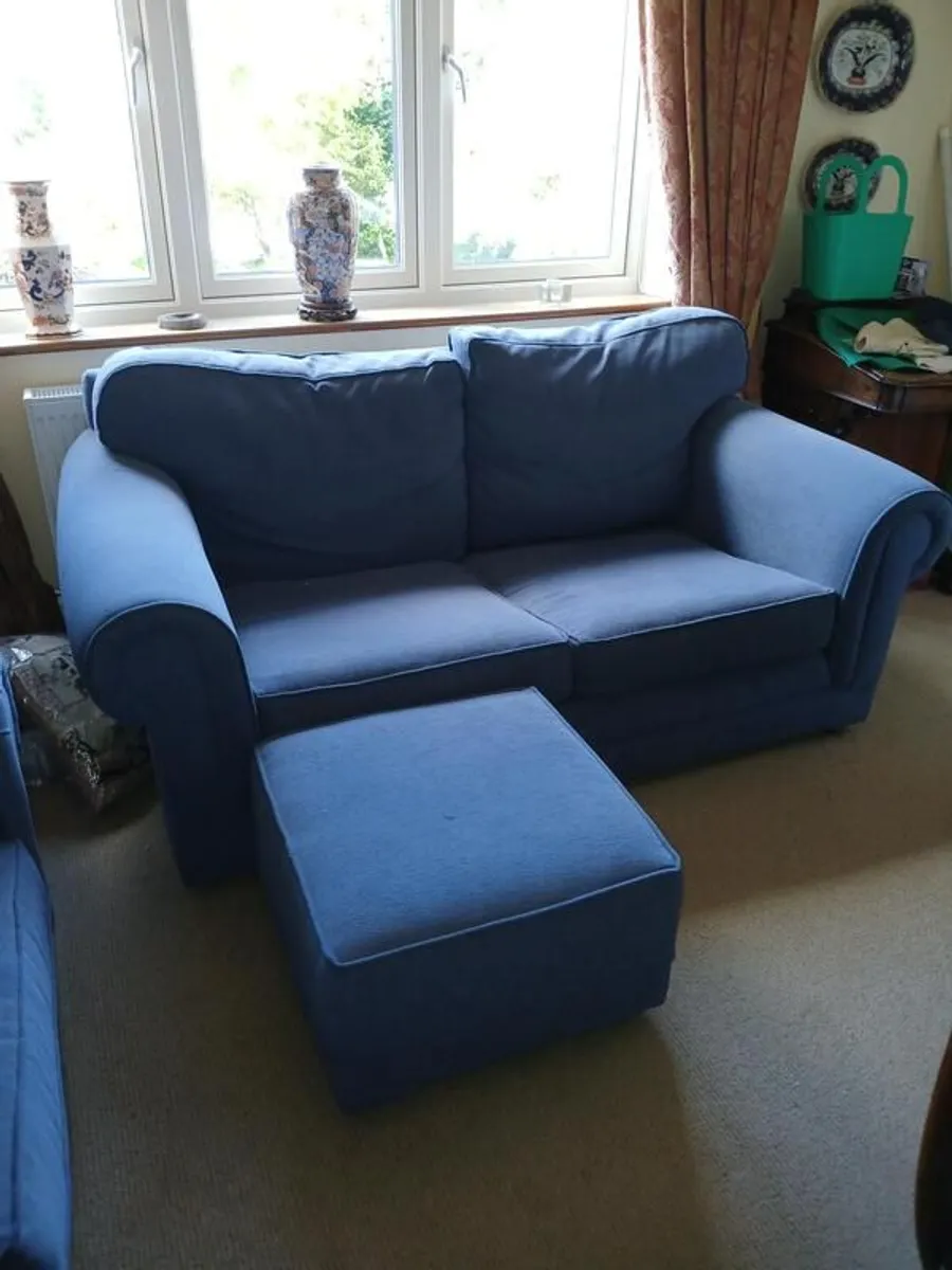 Pair of blue fabric 2 seater sofas with footstool - Image 3