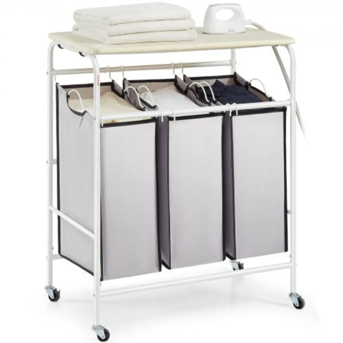 3-Section Laundry Sorter Cart with Ironing Board,