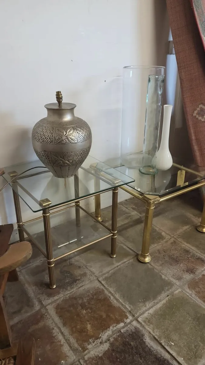 Pair vintage, 1960s brass glass top side tables - Image 1