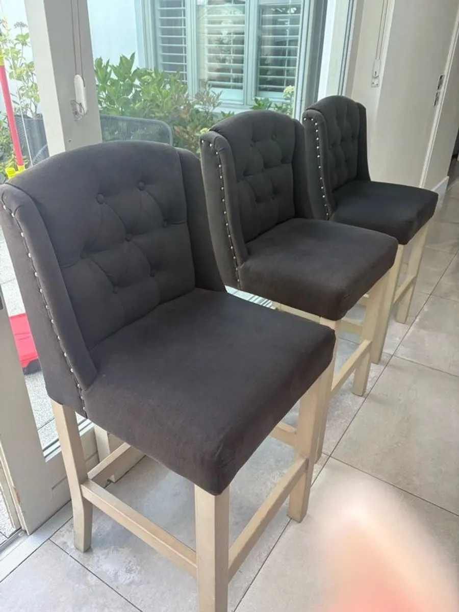 kitchen island chairs 3 chairs dark charcoal grey with bronze studs stools were made very strong and sturdy freshly cleaned some sun fade on to top of material but otherwise great construction really beautiful chairs with stud detail - Image 1