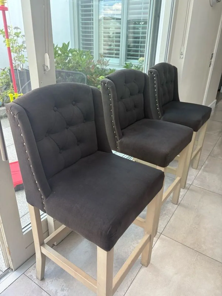 kitchen island chairs 3 chairs dark charcoal grey with bronze studs stools were made very strong and sturdy freshly cleaned some sun fade on to top of material but otherwise great construction really beautiful chairs with stud detail - Image 2