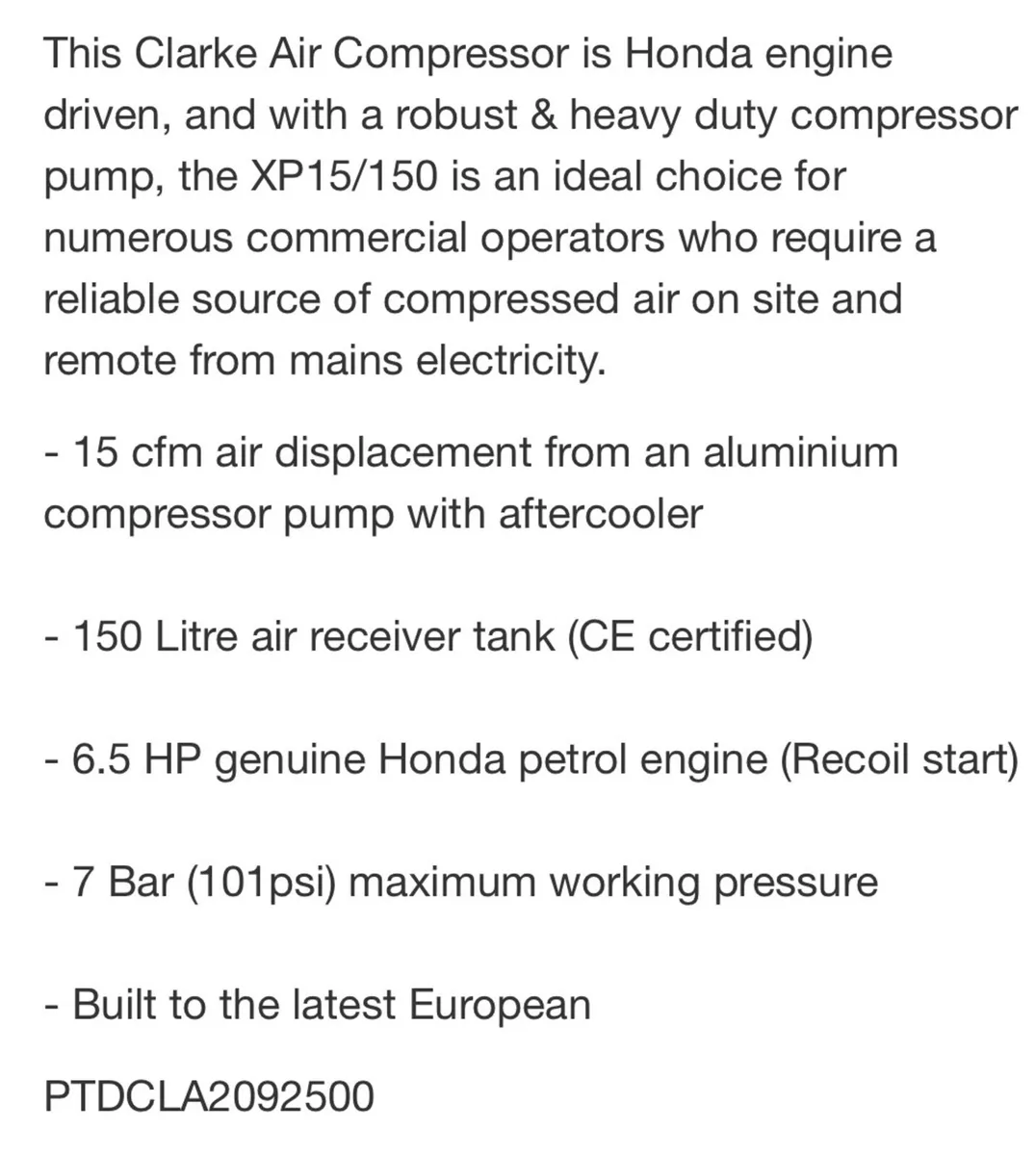 Clarke Honda engine 150L petrol compressor !!! - Image 2