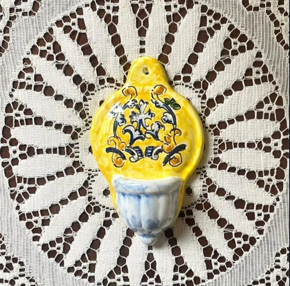 Spanish Ceramic Holy Water Font Hand-Painted - Image 1